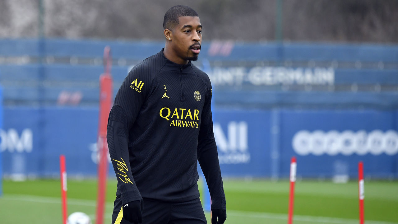 PARIS, FRANCE - FEBRUARY 23: Presnel Kimpembe looks on during a Paris Saint-Germain training session on February 23, 2023 in Paris, France.