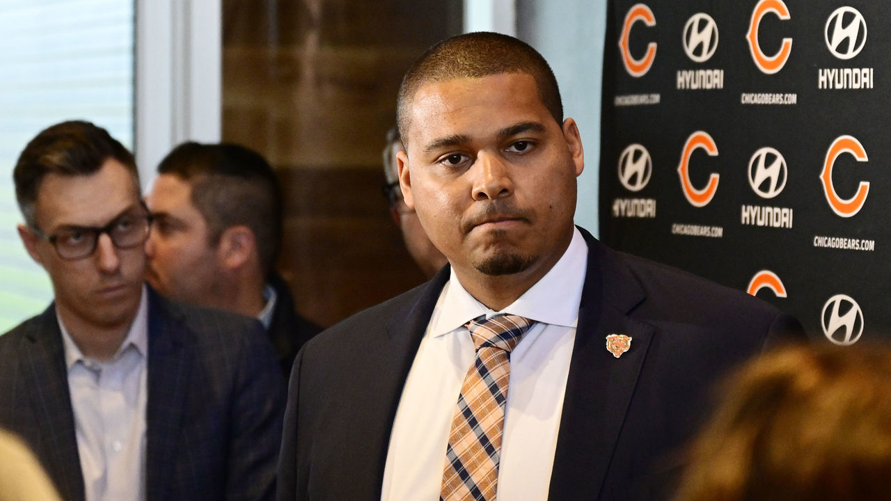 LAKE FOREST, ILLINOIS - JANUARY 17: General manager Ryan Poles of the Chicago Bears addresses questions after Kevin Warren was introduced as Chicago Bears president and CEO at Halas Hall on January 17, 2023 in Lake Forest, Illinois.