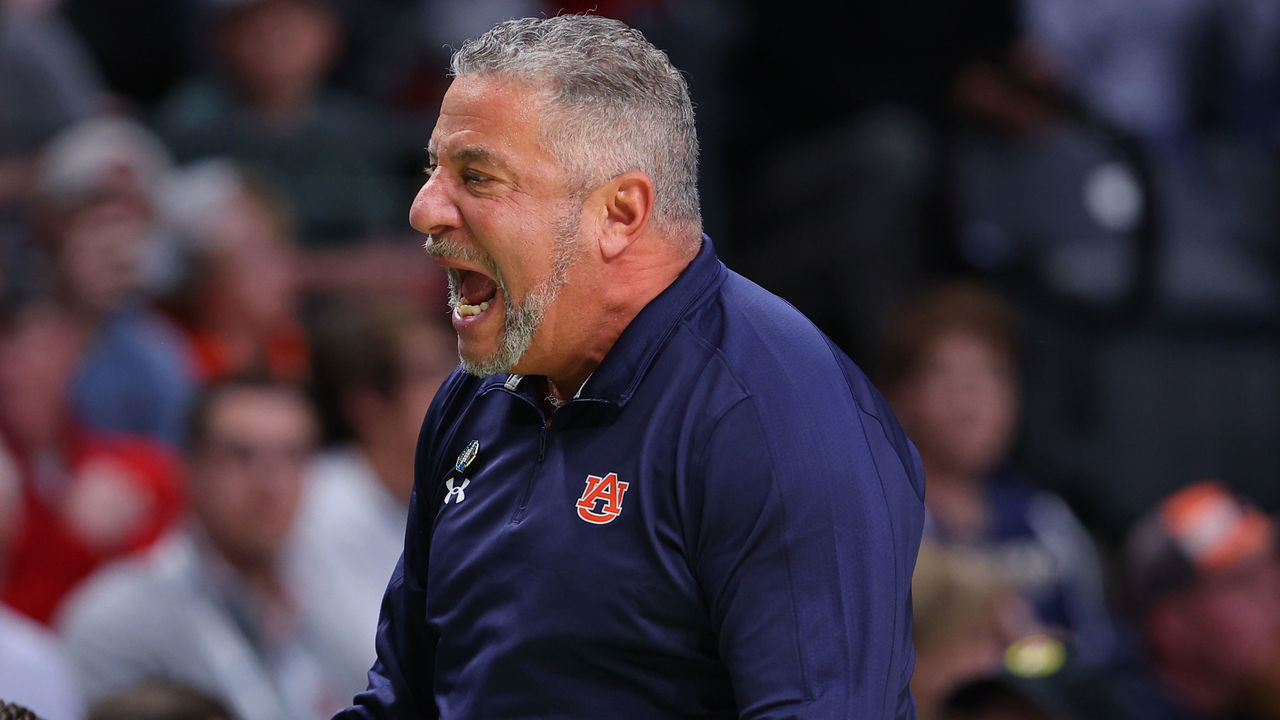 BIRMINGHAM, ALABAMA - MARCH 16: Head coach Bruce Pearl of the Auburn Tigers yells from the bench during the first half against the Iowa Hawkeyes in the first round of the NCAA Men's Basketball Tournament at Legacy Arena at the BJCC on March 16, 2023 in Birmingham, Alabama.