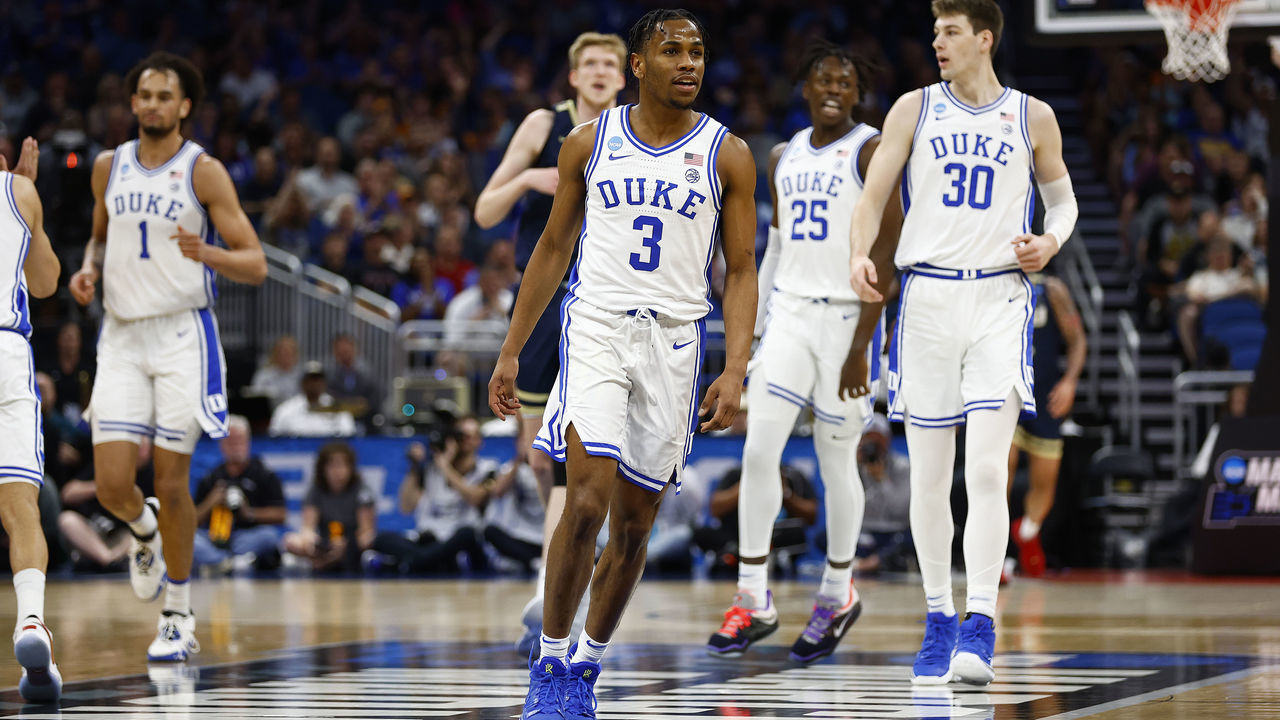 ORLANDO, FLORIDA - MARCH 16: Jeremy Roach #3 of the Duke Blue Devils reacts during the first half in the first round of the NCAA Men's Basketball Tournament against the Oral Roberts Golden Eagles at Amway Center on March 16, 2023 in Orlando, Florida.