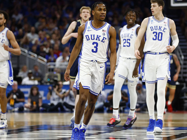 ORLANDO, FLORIDA - MARCH 16: Jeremy Roach #3 of the Duke Blue Devils reacts during the first half in the first round of the NCAA Men's Basketball Tournament against the Oral Roberts Golden Eagles at Amway Center on March 16, 2023 in Orlando, Florida.