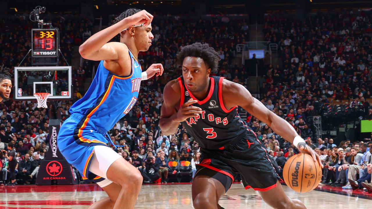 TORONTO, CANADA - MARCH 16: OG Anunoby #3 of the Toronto Raptors goes to the basket during the game on March 16, 2023 at the Scotiabank Arena in Toronto, Ontario, Canada. Mandatory Copyright Notice: Copyright 2023 NBAE