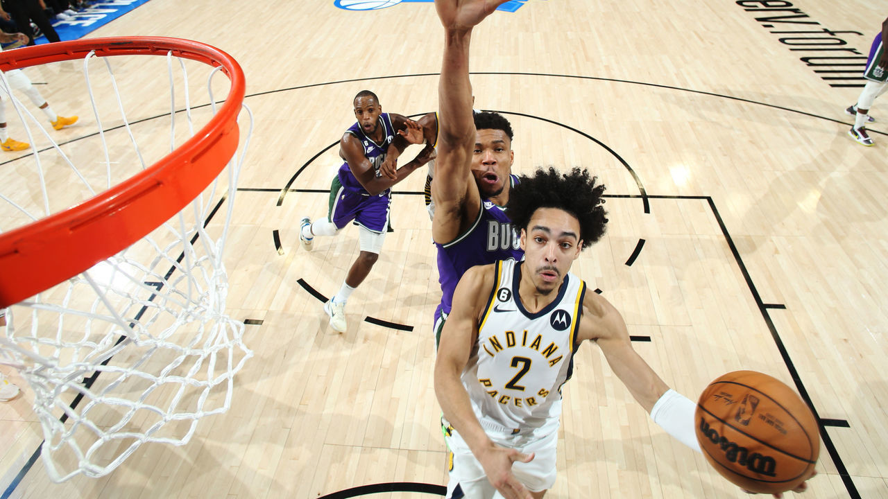MILWAUKEE, WI - MARCH 16: Andrew Nembhard #2 of the Indiana Pacers drives to the basket during the game against the Milwaukee Bucks on March 16, 2023 at the Fiserv Forum Center in Milwaukee, Wisconsin. Mandatory Copyright Notice: Copyright 2023 NBAE .
