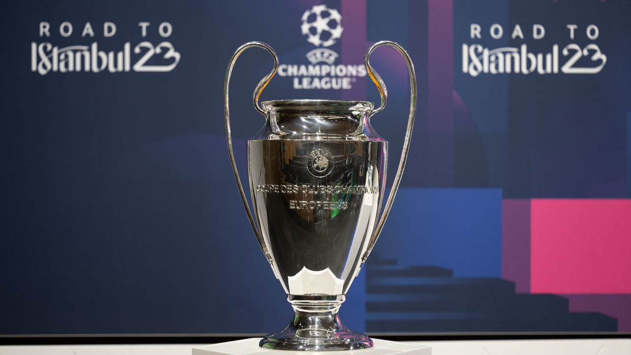 NYON, SWITZERLAND - MARCH 17: A view of the UEFA Champions League trophy during the UEFA Champions League 2022/23 Quarter-finals and Semi-finals Draw at the UEFA Headquarters, The House of the European Football, on March 17, 2023, in Nyon, Switzerland.