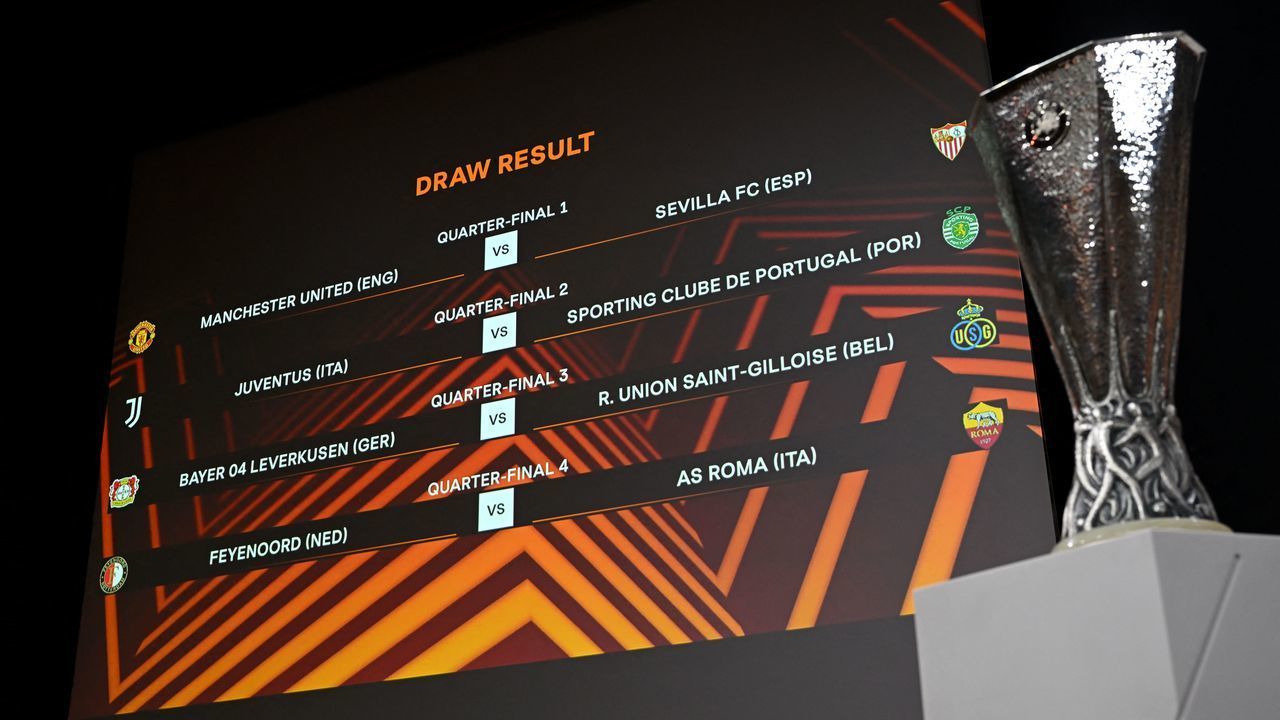 This photograph shows the draw result for the quarter-final and the trophy of the 2022-2023 UEFA Europa League football tournament, in Nyon, on March 17, 2023.