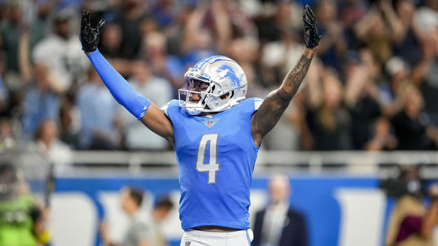 DETROIT, MICHIGAN - SEPTEMBER 11: DJ Chark #4 of the Detroit Lions reacts during the game against the Philadelphia Eagles at Ford Field on September 11, 2022 in Detroit, Michigan.