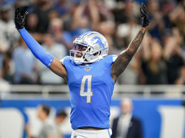 DETROIT, MICHIGAN - SEPTEMBER 11: DJ Chark #4 of the Detroit Lions reacts during the game against the Philadelphia Eagles at Ford Field on September 11, 2022 in Detroit, Michigan.