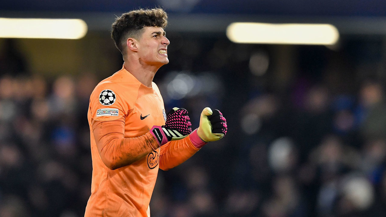 LONDON, ENGLAND - MARCH 07: goalkeeper Kepa Arrizabalaga of Chelsea FC celebrate after the UEFA Champions League round of 16 leg two match between Chelsea FC and Borussia Dortmund at Stamford Bridge on March 7, 2023 in London, United Kingdom.