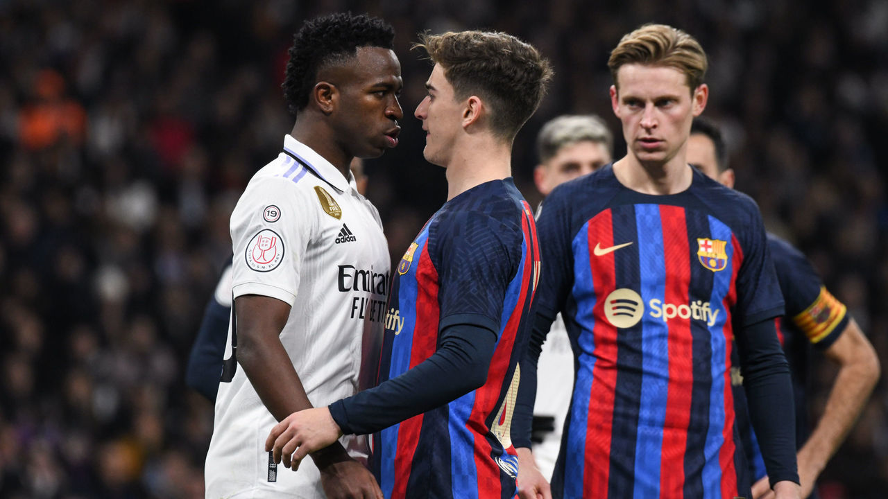 MADRID, SPAIN - MARCH 2: Real Madrid CF Player Vinicius Jr faces off FC Barcelona Gavi during the Copa Del Rey match between FC Barcelona and Real Madrid CF on March 2, 2023, at Santiago Bernabeu Stadium in Madrid, Spain.