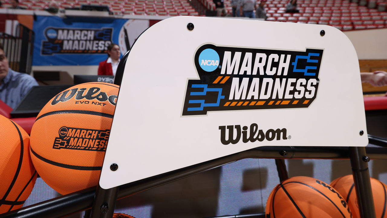 BLOOMINGTON, IN - MARCH 16: NCAA March Madness logo on the official game balls rack as seen during the First Four round of the 2023 NCAA Women's Basketball Tournament held at Simon Skjodt Assembly Hall on March 16, 2023 in Bloomington, Indiana.