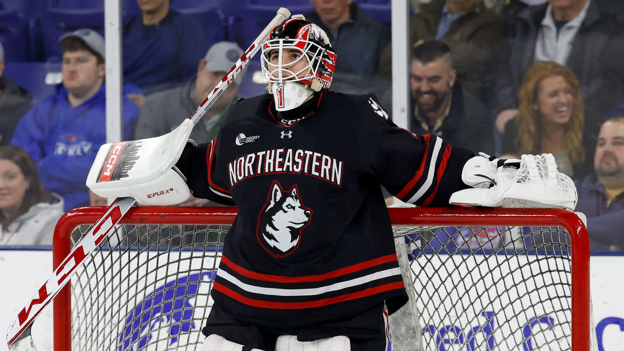 LOWELL, MA - MARCH 3: Devon Levi #1 of the Northeastern Huskies tends goal against the UMass Lowell River Hawks during NCAA men's hockey at the Tsongas Center on March 3, 2023 in Lowell, Massachusetts. The River Hawks won 3-1.
