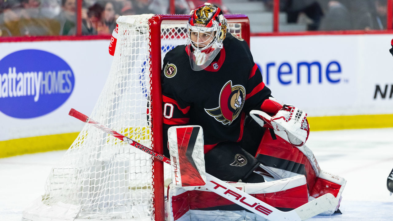 OTTAWA, ON - MARCH 16: Ottawa Senators Goalie Mads Sogaard (40) keeps eyes on the play during third period National Hockey League action between the Colorado Avalanche and Ottawa Senators on March 16, 2023, at Canadian Tire Centre in Ottawa, ON, Canada.