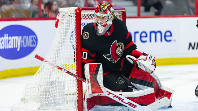 OTTAWA, ON - MARCH 16: Ottawa Senators Goalie Mads Sogaard (40) keeps eyes on the play during third period National Hockey League action between the Colorado Avalanche and Ottawa Senators on March 16, 2023, at Canadian Tire Centre in Ottawa, ON, Canada.