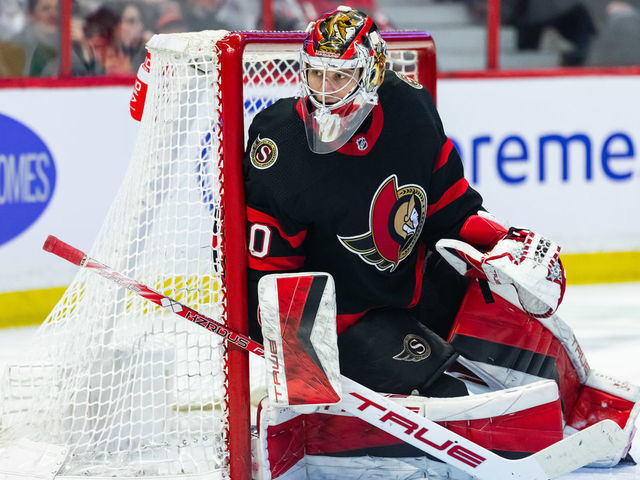 OTTAWA, ON - MARCH 16: Ottawa Senators Goalie Mads Sogaard (40) keeps eyes on the play during third period National Hockey League action between the Colorado Avalanche and Ottawa Senators on March 16, 2023, at Canadian Tire Centre in Ottawa, ON, Canada.
