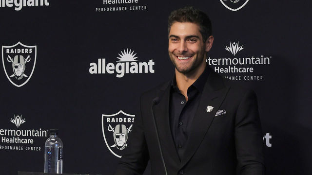 HENDERSON, NEVADA - MARCH 17: Quarterback Jimmy Garoppolo is introduced at the Las Vegas Raiders Headquarters/Intermountain Healthcare Performance Center on March 17, 2023 in Henderson, Nevada.