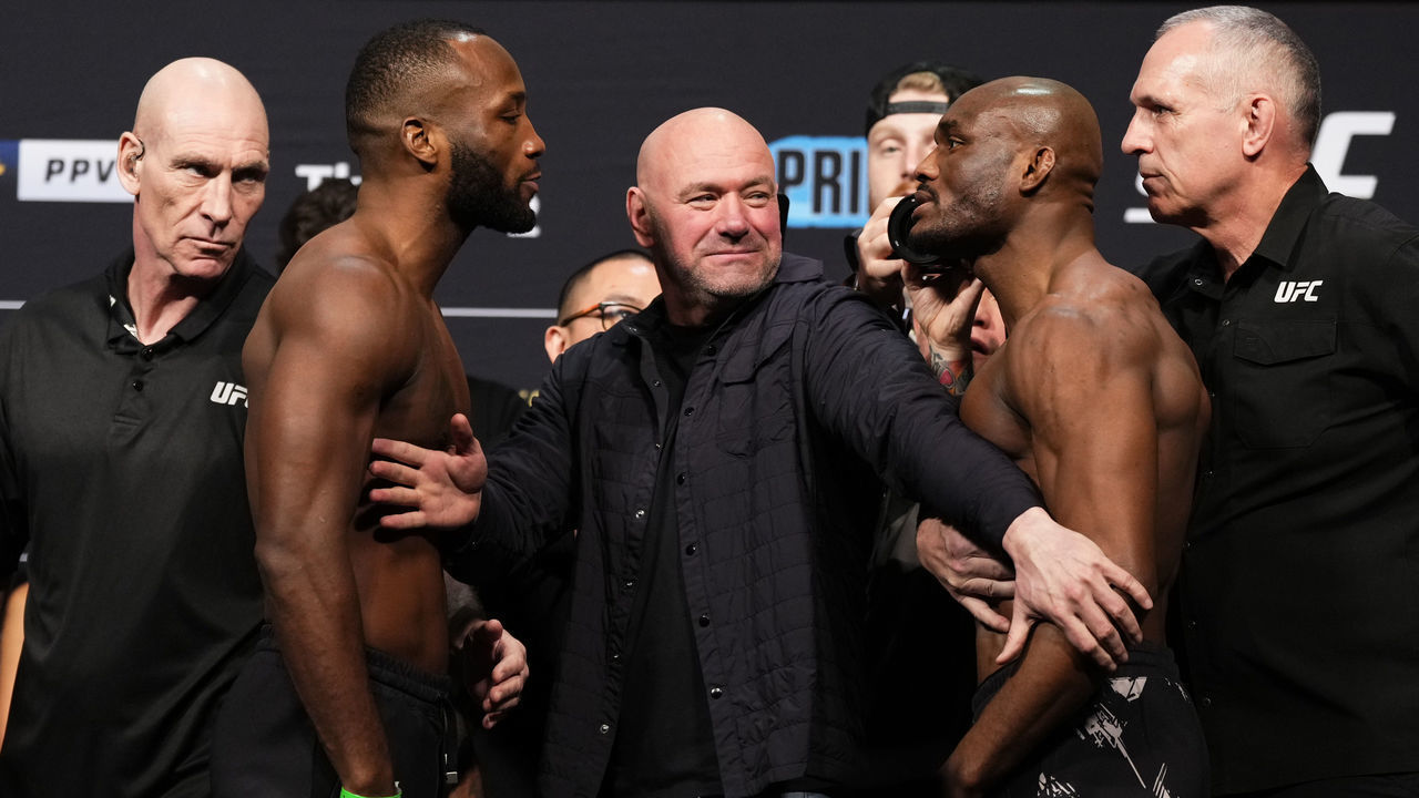 LONDON, ENGLAND - MARCH 17: (L-R) Opponents Leon Edwards of Jamaica and Kamaru Usman of Nigeria face off during the UFC 286 ceremonial weigh-in at The O2 Arena on March 17, 2023 in London, England.