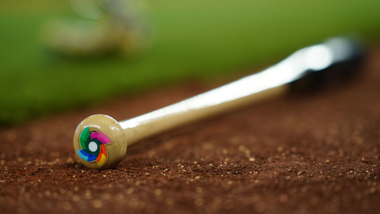 PHOENIX, AZ - MARCH 17: A detail shot of a bat during the Team USA workout prior to the 2023 World Baseball Classic Quarterfinal game between Team Puerto Rico and Team Mexico at loanDepot Park on Friday, March 17, 2023 in Miami, Florida.