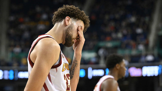 GREENSBORO, NC - MARCH 17: Gabe Kalscheur #22 of the Iowa State Cyclones reacts to the game against the Pittsburgh Panthers during the first round of the 2023 NCAA Men's Basketball Tournament held at Greensboro Coliseum on March 17, 2023 in Greensboro, North Carolina.