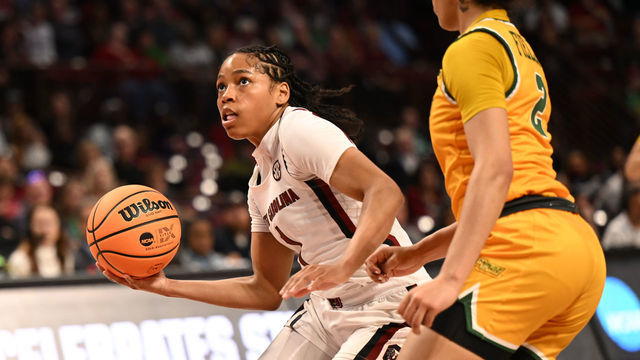 COLUMBIA, SC - MARCH 17: South Carolina Gamecocks guard Zia Cooke (1) drives past Norfolk State Spartans guard Niya Fields (2) during the game between the South Carolina Gamecocks and Norfolk State Spartans in the First Round of the NCAA Women's Basketball Championship Greenville Regional 1 on March 17, 2023 at Colonial Life Arena in Columbia, SC.