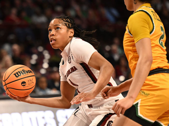 COLUMBIA, SC - MARCH 17: South Carolina Gamecocks guard Zia Cooke (1) drives past Norfolk State Spartans guard Niya Fields (2) during the game between the South Carolina Gamecocks and Norfolk State Spartans in the First Round of the NCAA Women's Basketball Championship Greenville Regional 1 on March 17, 2023 at Colonial Life Arena in Columbia, SC.