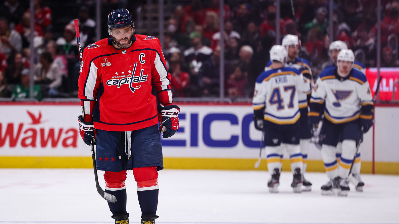 WASHINGTON, DC - MARCH 17: Alex Ovechkin #8 of the Washington Capitals reacts after Kasperi Kapanen #42 of the St. Louis Blues scores a goal during the second period of the game at Capital One Arena on March 17, 2023 in Washington, DC.