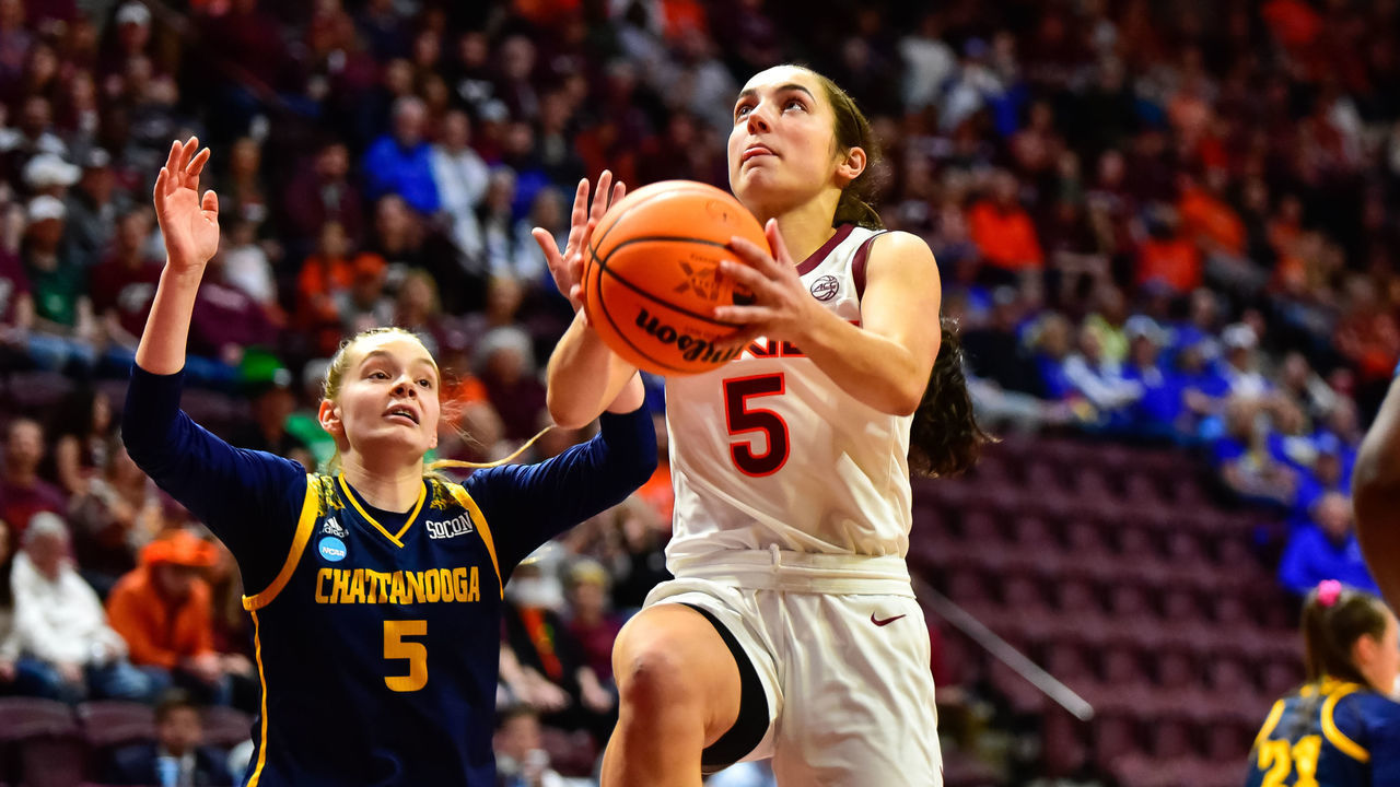 BLACKSBURG, VA - MARCH 17: Virginia Tech Hokies guard Georgia Amoore (5) goes in for a lay up during the Virginia Tech Hokies game versus the Chattanooga Lady Mocs game in the first round of the NCAA Women's Basketball Championship Seattle Regional 3 on March 17, 2023 at Cassell Coliseum in Blacksburg, VA.