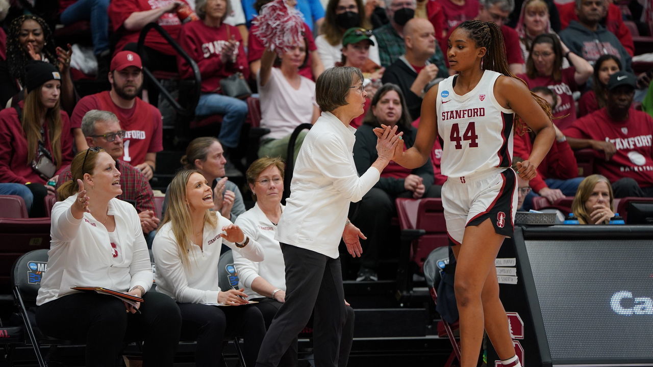 PALO ALTO, CA - MARCH 17: Head Coach Tara VanDerveer and Kiki Iriafen #44 of the Stanford Cardinal high five during the first round of the 2023 NCAA Women's Basketball Tournament held at the Stanford Maples Pavilion on March 17, 2023 in Palo Alto, California.