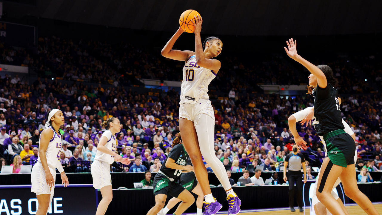 BATON ROUGE, LA - MARCH 17: Angel Reese #10 of the LSU Lady Tigers rebounds the ball against the Hawai'i Rainbow Wahine during the third quarter in the first round of the 2023 NCAA Women's Basketball Tournament held at the Pete Maravich Assembly Center on March 17, 2023 in Baton Rouge, Louisiana.