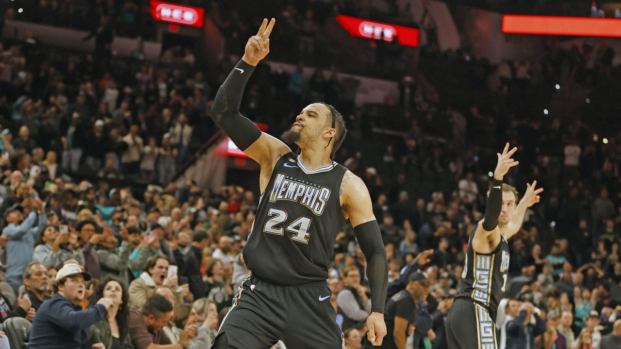 SAN ANTONIO, TX - MARCH 17: Dillion Brooks #24 of the Memphis Grizzlies reacts after his basket forced the game in OT during the game against the San Antonio Spurs in the second half at AT&T Center on March 17, 2023 in San Antonio, Texas. NOTE TO USER: User expressly acknowledges and agrees that, by downloading and or using this photograph, User is consenting to terms and conditions of the Getty Images License Agreement.