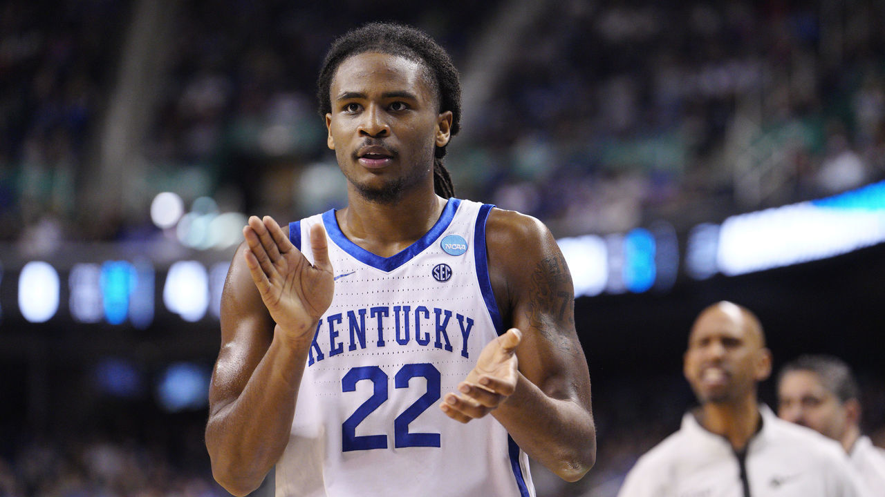 GREENSBORO, NORTH CAROLINA - MARCH 17: Cason Wallace #22 of the Kentucky Wildcats reacts after a play during the second half against the Providence Friars in the first round of the NCAA Men's Basketball Tournament at The Fieldhouse at Greensboro Coliseum on March 17, 2023 in Greensboro, North Carolina.