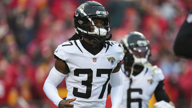 KANSAS CITY, MO - JANUARY 21: Tre Herndon #37 of the Jacksonville Jaguars runs onto the field during introductions against the Kansas City Chiefs at GEHA Field at Arrowhead Stadium on January 21, 2023 in Kansas City, Missouri.