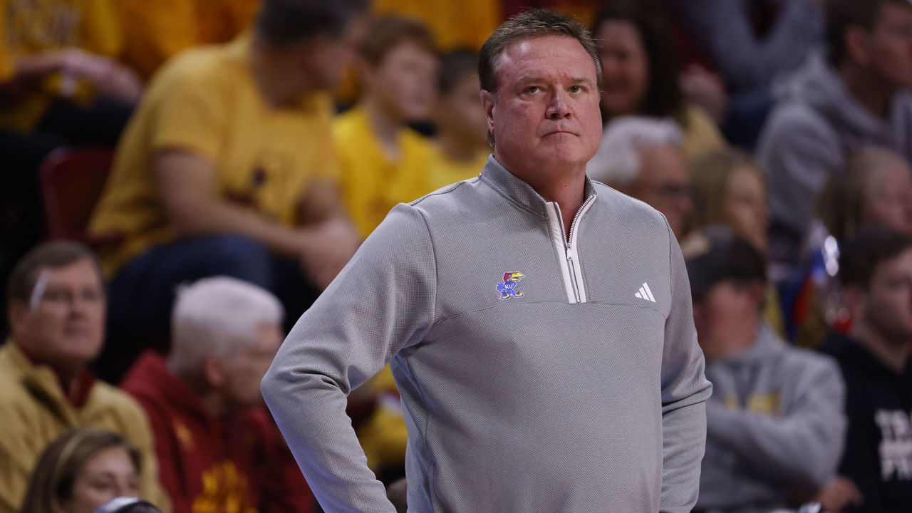 AMES, IA - FEBRUARY 4: Head coach Bill Self of the Kansas Jayhawks reacts from the bench in the first half of play at Hilton Coliseum on February 4, 2023 in Ames, Iowa. The Iowa State Cyclones won 68-53 over the Kansas Jayhawks.