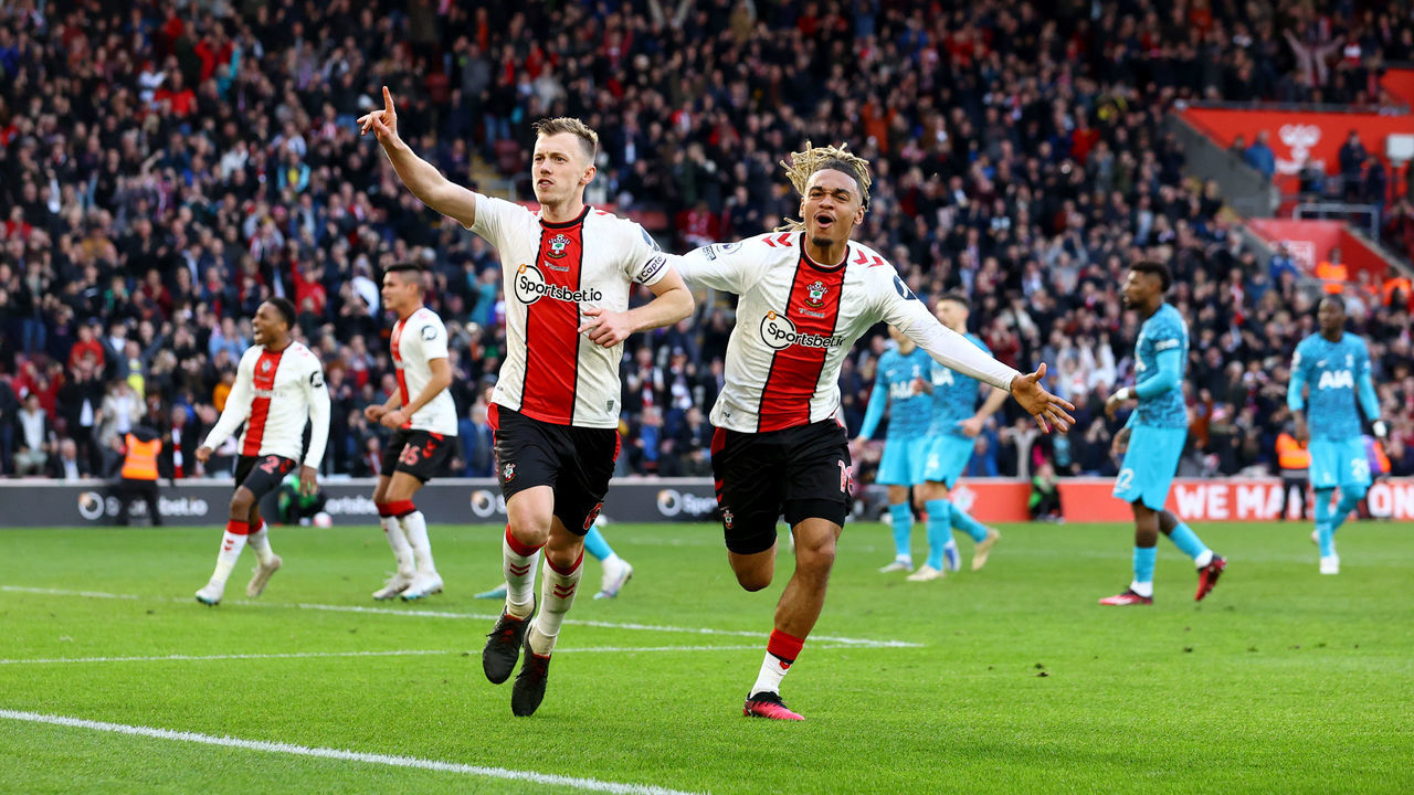 SOUTHAMPTON, ENGLAND - MARCH 18: James Ward-Prowse (L) of Southampton celebrates with team mate Sekou Mara after scoring to make it 3-3 during the Premier League match between Southampton FC and Tottenham Hotspur at St. Mary's Stadium on March 18, 2023 in Southampton, England.