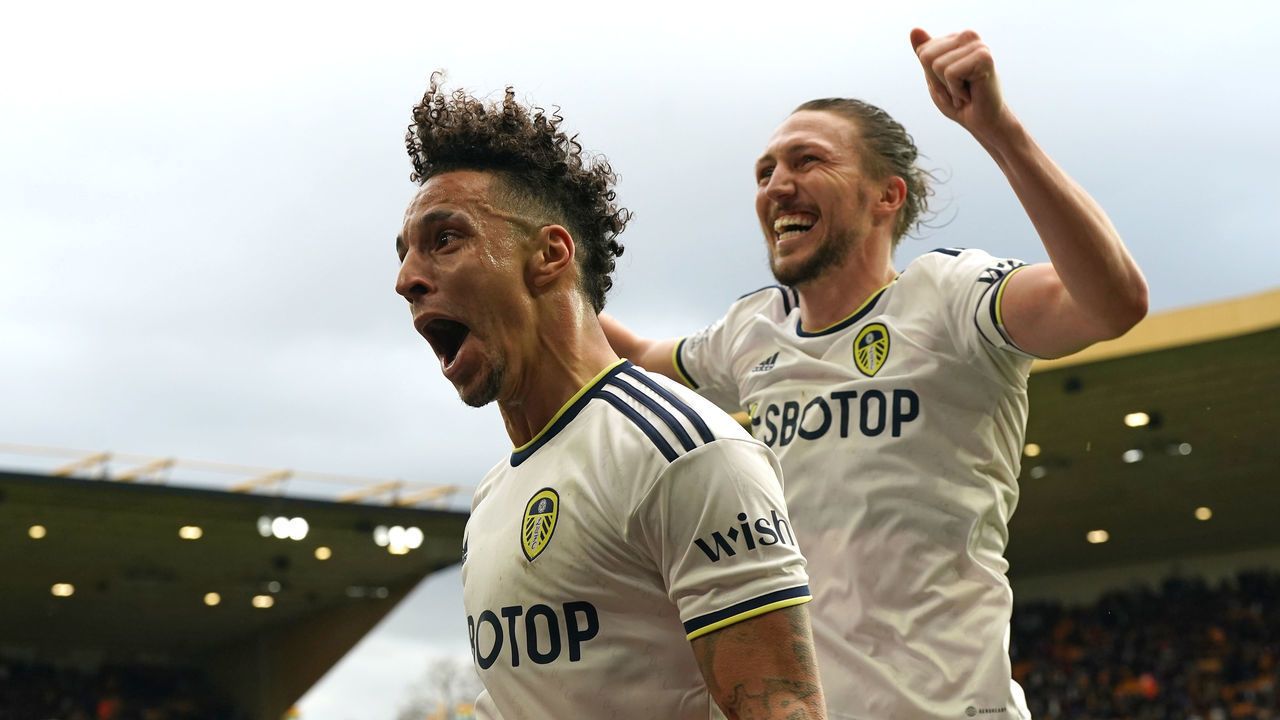 Leeds United's Rodrigo Moreno celebrates scoring their side's fourth goal of the game with team-mates during the Premier League match at Molineux Stadium, Wolverhampton. Picture date: Saturday March 18, 2023.