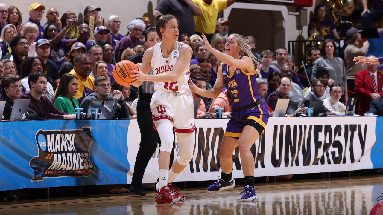BLOOMINGTON, IN - MARCH 18: Yarden Garzon #12 of the Indiana Hoosiers is guarded by Jordan Brock #2 of the Tennessee Golden Eagles during the first round of the 2023 NCAA Women's Basketball Tournament held at Simon Skjodt Assembly Hall on March 18, 2023 in Bloomington, Indiana.