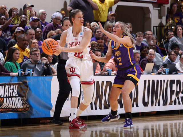 BLOOMINGTON, IN - MARCH 18: Yarden Garzon #12 of the Indiana Hoosiers is guarded by Jordan Brock #2 of the Tennessee Golden Eagles during the first round of the 2023 NCAA Women's Basketball Tournament held at Simon Skjodt Assembly Hall on March 18, 2023 in Bloomington, Indiana.