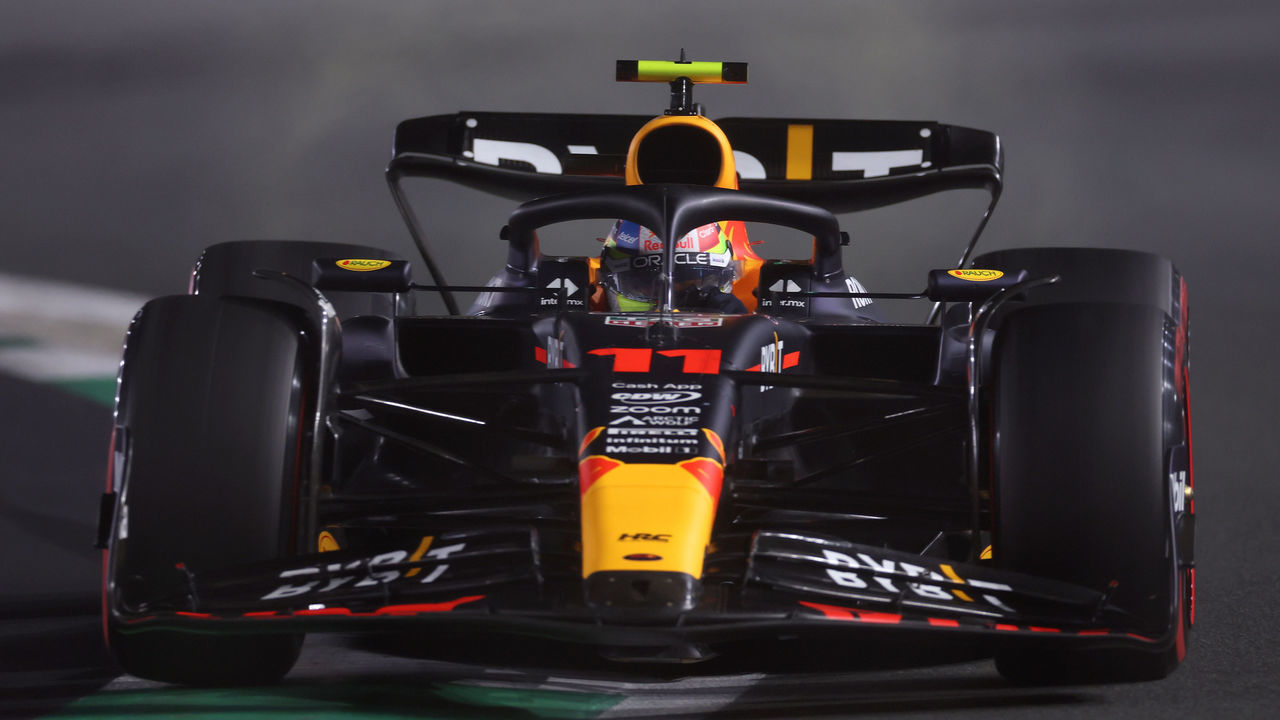JEDDAH, SAUDI ARABIA - MARCH 18: Sergio Perez of Mexico driving the (11) Oracle Red Bull Racing RB19 on track during qualifying ahead of the F1 Grand Prix of Saudi Arabia at Jeddah Corniche Circuit on March 18, 2023 in Jeddah, Saudi Arabia.