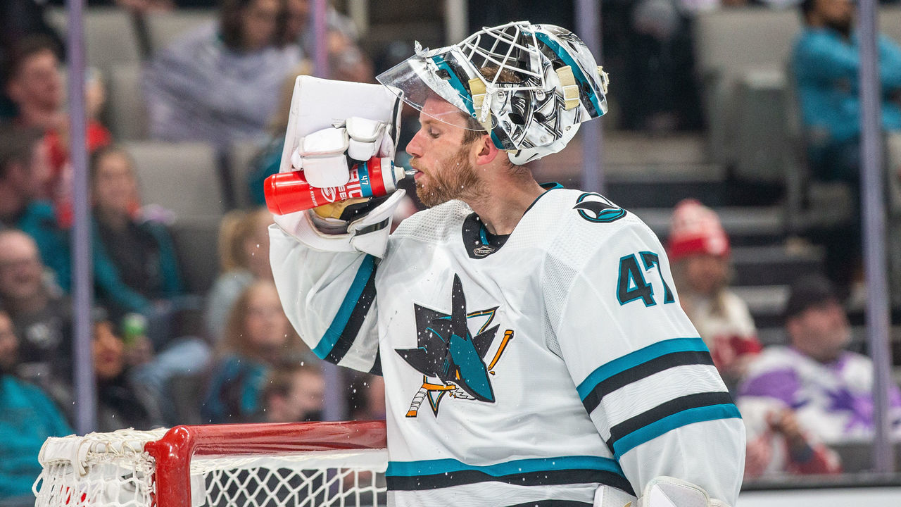 SAN JOSE, CA - NOVEMBER 17: San Jose Sharks Goalie James Reimer (47) takes a drink during a break in the third period of a regular season NHL hockey game between the Detroit Red Wings and the San Jose Sharks on November 17, 2022, at SAP Center, in San Jose, CA.