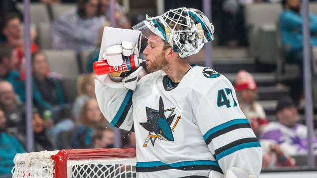 SAN JOSE, CA - NOVEMBER 17: San Jose Sharks Goalie James Reimer (47) takes a drink during a break in the third period of a regular season NHL hockey game between the Detroit Red Wings and the San Jose Sharks on November 17, 2022, at SAP Center, in San Jose, CA.