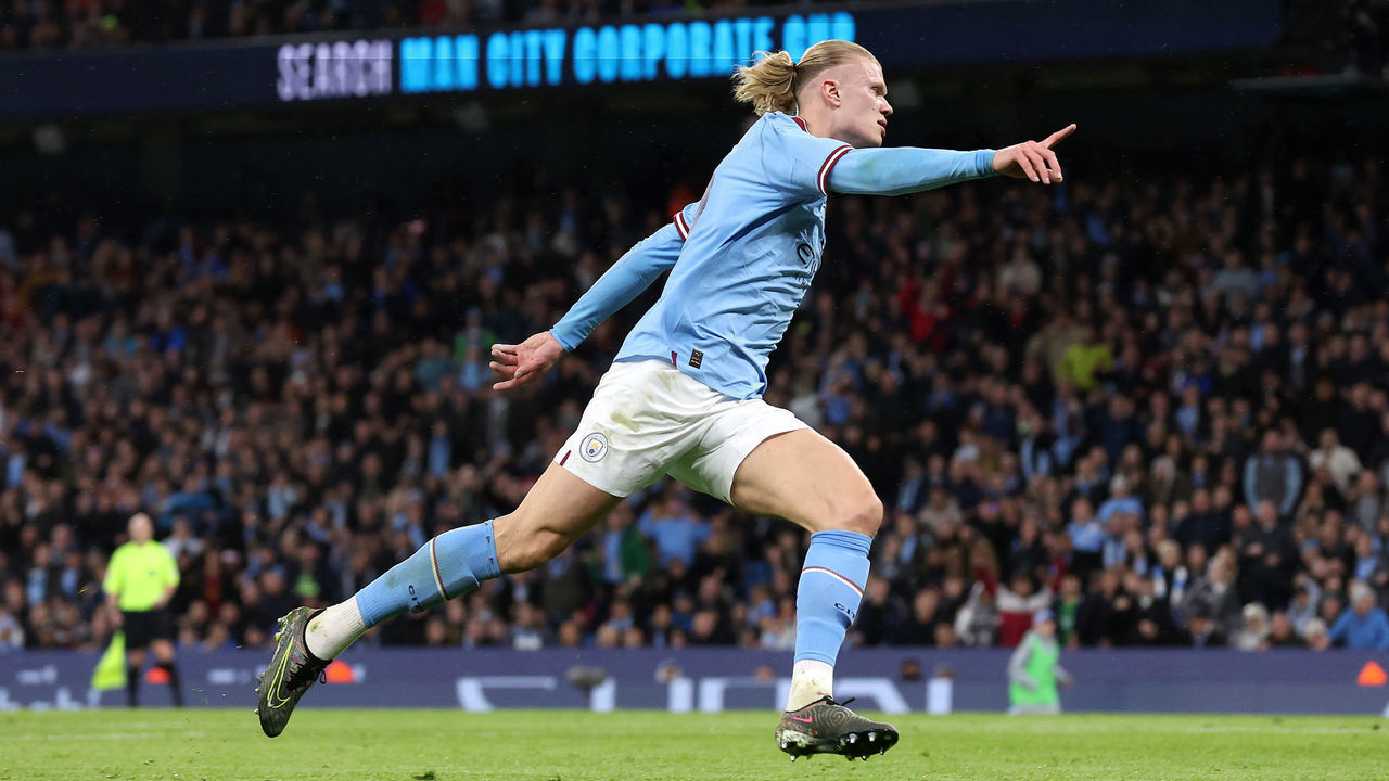 MANCHESTER, ENGLAND - MARCH 18: Erling Haaland of Manchester City celebrates after scoring their first goal during the Emirates FA Cup Quarter Final match between Manchester City and Burnley at Etihad Stadium on March 18, 2023 in Manchester, England.