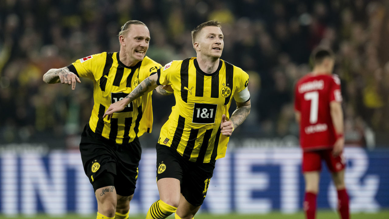 DORTMUND, GERMANY - MARCH 18: Marco Reus of Borussia Dortmund is celebrating a goal during the Bundesliga match between Borussia Dortmund and 1. FC Köln at Signal Iduna Park on March 18, 2023 in Dortmund, Germany.
