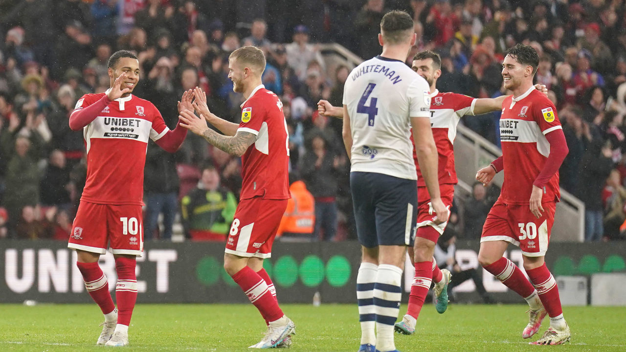 Middlesbrough's Cameron Archer (left) celebrates scoring his second goal of the game during the Sky Bet Championship match at Riverside Stadium, Middlesbrough. Picture date: Saturday March 18, 2023.