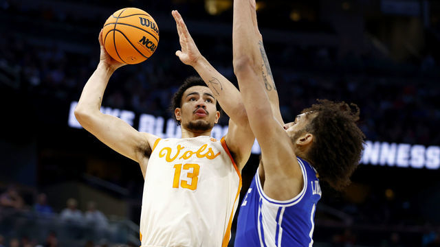 ORLANDO, FLORIDA - MARCH 18: Olivier Nkamhoua #13 of the Tennessee Volunteers shoots the ball against the Duke Blue Devils during the second half in the second round of the NCAA Men's Basketball Tournament at Amway Center on March 18, 2023 in Orlando, Florida.