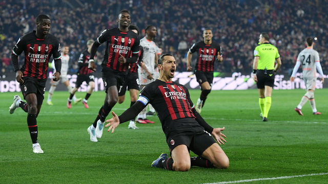 UDINE, ITALY - MARCH 18: Zlatan Ibrahimovic of AC Milan celebrates after scoring the team's first goal from a penalty kick during the Serie A match between Udinese Calcio and AC Milan at Dacia Arena on March 18, 2023 in Udine, Italy.