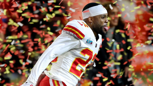 GLENDALE, ARIZONA - FEBRUARY 12: Juan Thornhill #22 of the Kansas City Chiefs celebrates after defeating the Philadelphia Eagles 38-35 to win Super Bowl LVII at State Farm Stadium on February 12, 2023 in Glendale, Arizona.