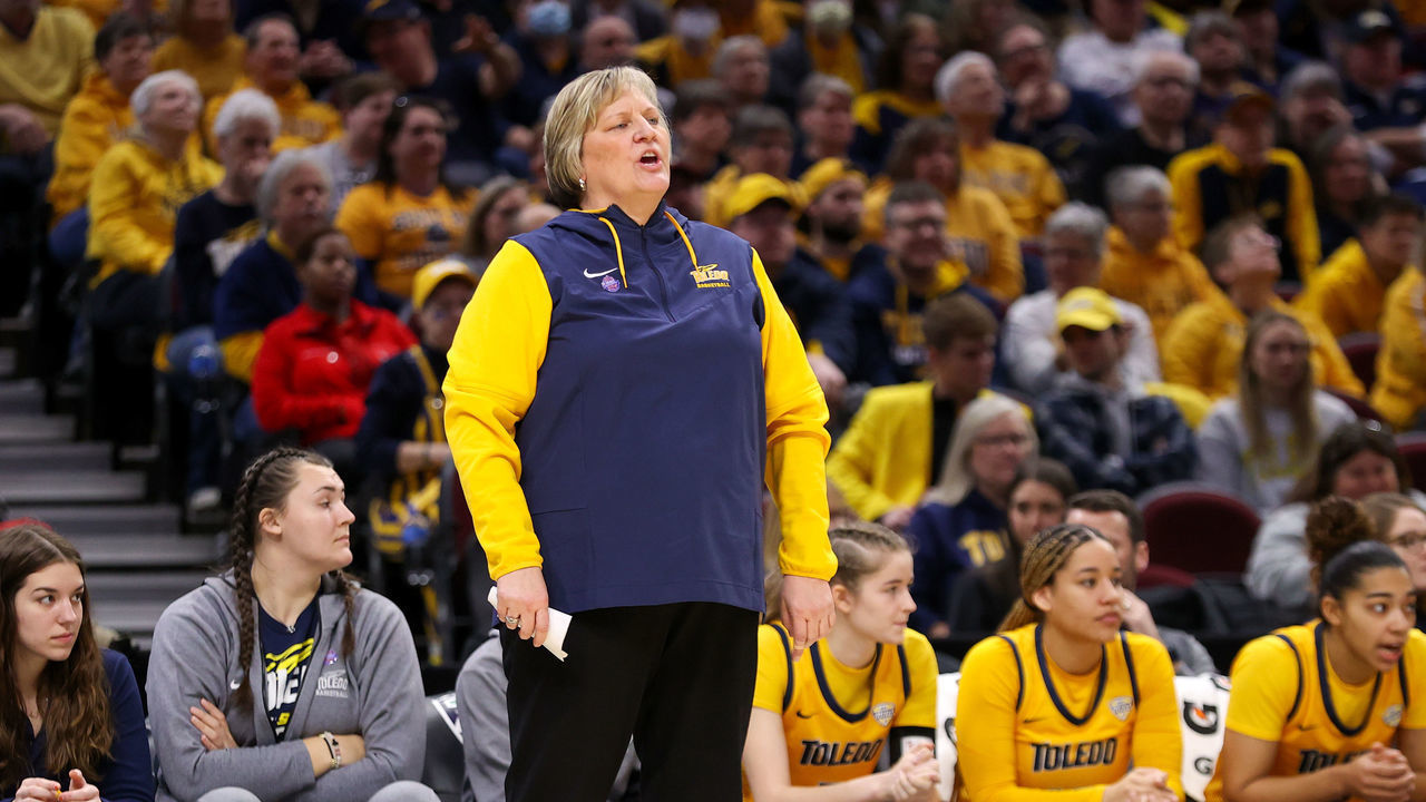 CLEVELAND, OH - MARCH 11: Toledo Rockets head coach Tricia Cullop on the sideline during the second quarter of the MAC Womens Basketball Tournament Championship game between the Bowling Green Falcons and Toledo Rockets on March 11, 2023, at Rocket Mortgage FieldHouse in Cleveland, OH.