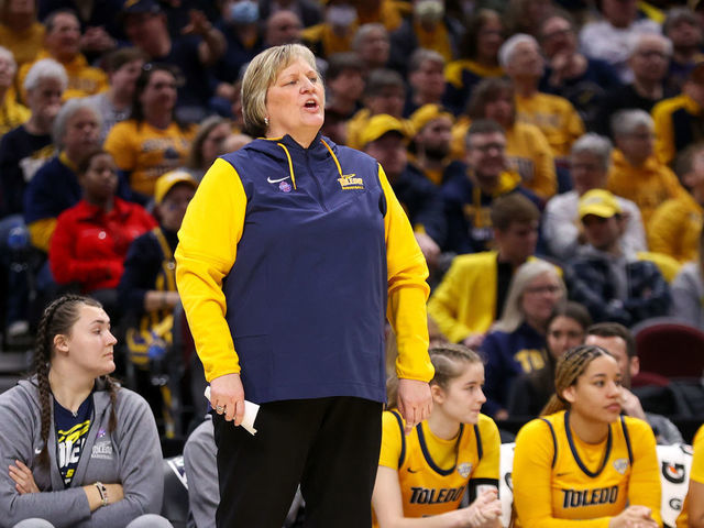 CLEVELAND, OH - MARCH 11: Toledo Rockets head coach Tricia Cullop on the sideline during the second quarter of the MAC Womens Basketball Tournament Championship game between the Bowling Green Falcons and Toledo Rockets on March 11, 2023, at Rocket Mortgage FieldHouse in Cleveland, OH.