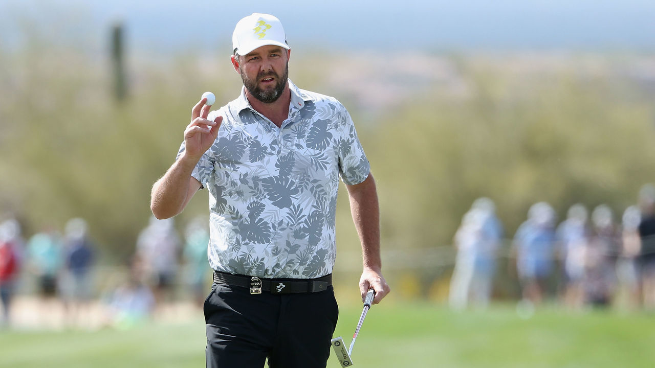 TUCSON, ARIZONA - MARCH 18: Marc Leishman of Ripper GC reacts after a par putt on the 18th green during Day Two of the LIV Golf Invitational - Tucson at on March 18, 2023 in Tucson, Arizona.
