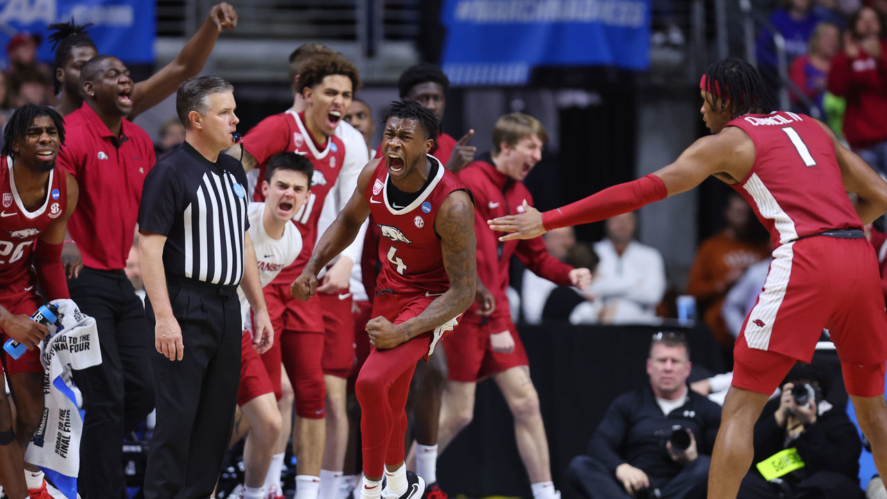 DES MOINES, IOWA - MARCH 18: Davonte Davis #4 of the Arkansas Razorbacks reacts against the Kansas Jayhawks during the second half in the second round of the NCAA Men's Basketball Tournament at Wells Fargo Arena on March 18, 2023 in Des Moines, Iowa.