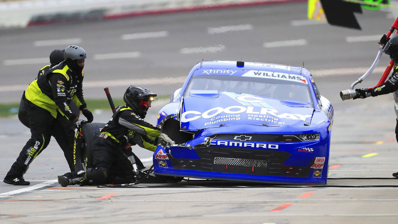 HAMPTON, GA - MARCH 18: Josh Williams (#92 DGM Racing Coolray/Alloy Employer Chevrolet) pits his damaged car during the NASCAR Xfinity Series RAPTOR King of Tough 250 race on March 18, 2023 at the Atlanta Motor Speedway in Hampton, Georgia.